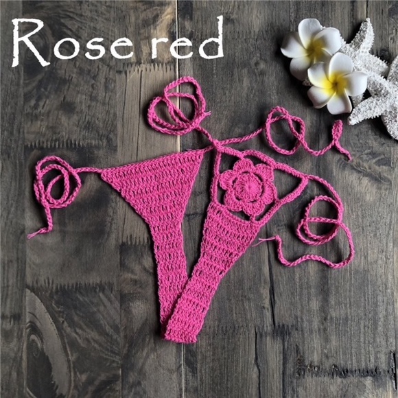 Rose Red Hand crochet Flower Kini. Micro Bikini Bottom Micro Bikini, Thong - Picture 1 of 9